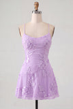 Blue Floral Appliqued Spaghetti Straps A-Line Short Cocktail Dress
