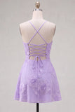 Blue Floral Appliqued Spaghetti Straps A-Line Short Cocktail Dress