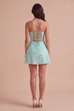 Blue Floral Appliqued Spaghetti Straps A-Line Short Cocktail Dress