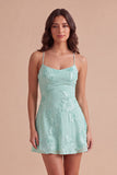 Blue Floral Appliqued Spaghetti Straps A-Line Short Cocktail Dress