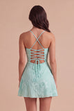 Blue Floral Appliqued Spaghetti Straps A-Line Short Cocktail Dress