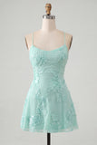 Blue Floral Appliqued Spaghetti Straps A-Line Short Cocktail Dress