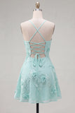 Blue Floral Appliqued Spaghetti Straps A-Line Short Cocktail Dress