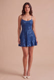 Blue Floral Appliqued Spaghetti Straps A-Line Short Cocktail Dress