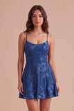 Blue Floral Appliqued Spaghetti Straps A-Line Short Cocktail Dress