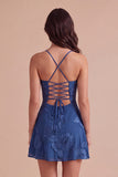 Blue Floral Appliqued Spaghetti Straps A-Line Short Cocktail Dress