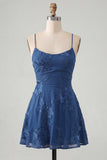 Blue Floral Appliqued Spaghetti Straps A-Line Short Cocktail Dress