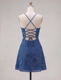 Blue Floral Appliqued Spaghetti Straps A-Line Short Cocktail Dress