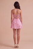 Blue Floral Appliqued Spaghetti Straps A-Line Short Cocktail Dress