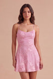 Blue Floral Appliqued Spaghetti Straps A-Line Short Cocktail Dress