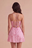 Blue Floral Appliqued Spaghetti Straps A-Line Short Cocktail Dress