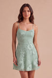 Blue Floral Appliqued Spaghetti Straps A-Line Short Cocktail Dress