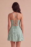 Blue Floral Appliqued Spaghetti Straps A-Line Short Cocktail Dress