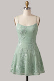 Blue Floral Appliqued Spaghetti Straps A-Line Short Cocktail Dress