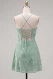 Blue Floral Appliqued Spaghetti Straps A-Line Short Cocktail Dress