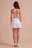 Blue Floral Appliqued Spaghetti Straps A-Line Short Cocktail Dress