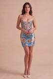 Blue Floral Sparkly Sequins Corset Bodycon Spaghetti Straps Short Cocktail Dress