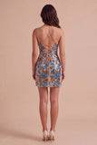 Blue Floral Sparkly Sequins Corset Bodycon Spaghetti Straps Short Cocktail Dress
