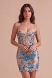 Blue Floral Sparkly Sequins Corset Bodycon Spaghetti Straps Short Cocktail Dress