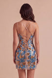Blue Floral Sparkly Sequins Corset Bodycon Spaghetti Straps Short Cocktail Dress