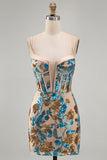 Blue Floral Sparkly Sequins Corset Bodycon Spaghetti Straps Short Cocktail Dress