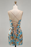 Blue Floral Sparkly Sequins Corset Bodycon Spaghetti Straps Short Cocktail Dress