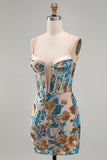 Blue Floral Sparkly Sequins Corset Bodycon Spaghetti Straps Short Cocktail Dress