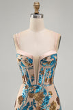 Blue Floral Sparkly Sequins Corset Bodycon Spaghetti Straps Short Cocktail Dress