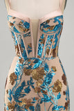 Blue Floral Sparkly Sequins Corset Bodycon Spaghetti Straps Short Cocktail Dress