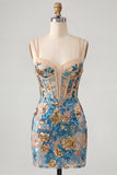 Blue Floral Sparkly Sequins Corset Bodycon Spaghetti Straps Short Cocktail Dress
