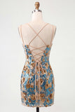 Blue Floral Sparkly Sequins Corset Bodycon Spaghetti Straps Short Cocktail Dress