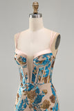 Blue Floral Sparkly Sequins Corset Bodycon Spaghetti Straps Short Cocktail Dress