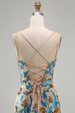 Blue Floral Sparkly Sequins Corset Bodycon Spaghetti Straps Short Cocktail Dress