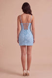 Sparkly Blue Floral Beaded Bodycon Spaghetti Straps Short Cocktail Dress