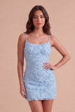 Sparkly Blue Floral Beaded Bodycon Spaghetti Straps Short Cocktail Dress
