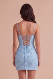 Sparkly Blue Floral Beaded Bodycon Spaghetti Straps Short Cocktail Dress