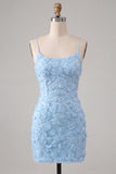 Sparkly Blue Floral Beaded Bodycon Spaghetti Straps Short Cocktail Dress