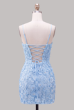 Sparkly Blue Floral Beaded Bodycon Spaghetti Straps Short Cocktail Dress