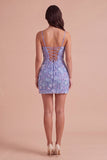 Sparkly Blue Floral Beaded Bodycon Spaghetti Straps Short Cocktail Dress
