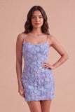 Sparkly Blue Floral Beaded Bodycon Spaghetti Straps Short Cocktail Dress