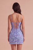 Sparkly Blue Floral Beaded Bodycon Spaghetti Straps Short Cocktail Dress