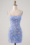 Sparkly Blue Floral Beaded Bodycon Spaghetti Straps Short Cocktail Dress