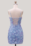 Sparkly Blue Floral Beaded Bodycon Spaghetti Straps Short Cocktail Dress