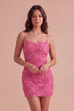 Sparkly Blue Floral Beaded Bodycon Spaghetti Straps Short Cocktail Dress