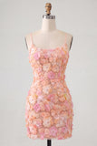 Sparkly Blue Floral Beaded Bodycon Spaghetti Straps Short Cocktail Dress