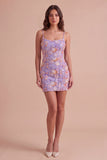 Sparkly Blue Floral Beaded Bodycon Spaghetti Straps Short Cocktail Dress