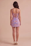 Sparkly Blue Floral Beaded Bodycon Spaghetti Straps Short Cocktail Dress