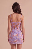 Sparkly Blue Floral Beaded Bodycon Spaghetti Straps Short Cocktail Dress