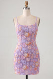 Sparkly Blue Floral Beaded Bodycon Spaghetti Straps Short Cocktail Dress