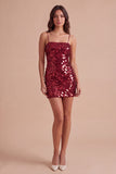 Burgundy Sparkly Sequins Bodycon Spaghetti Straps Short Cocktail Dress